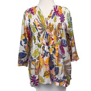 Ethyl Women's Floral Tunic Blouse V-Neck 3/4 Sleeve Multicolor Size Small